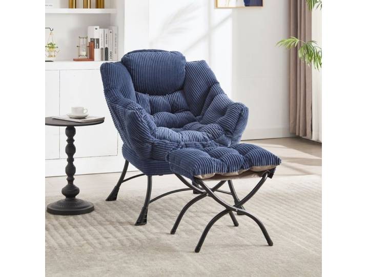 Fauteuil détente bleu marine - repose-pieds - accoudoirs poche - moderne - appoint - petit espace salon - confortable
