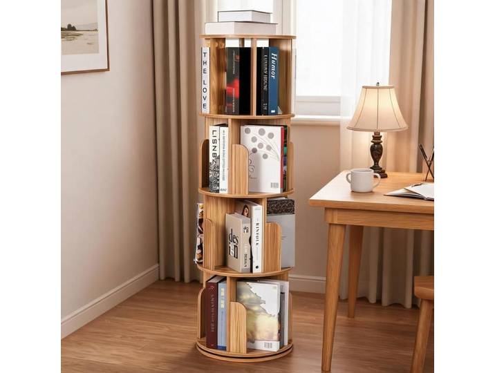 Bibliothèque pivotante 360° – 4 niveaux en bois sur pied – Tour de rangement d'angle compacte – Gain de place pour bureau salon