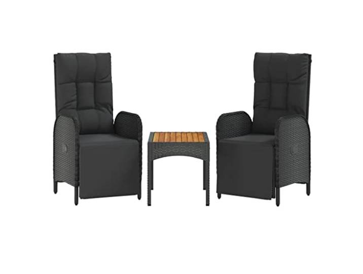 FDSAQOPT Garten-Relaxstühle 2 STK. mit Tisch Schwarz Poly Rattan Liegefunktion, verstellbare Rückenlehne und Fußstütze, Akazienholz-Tischplatte, Kissen mit Reißverschluss, Montageanleitung