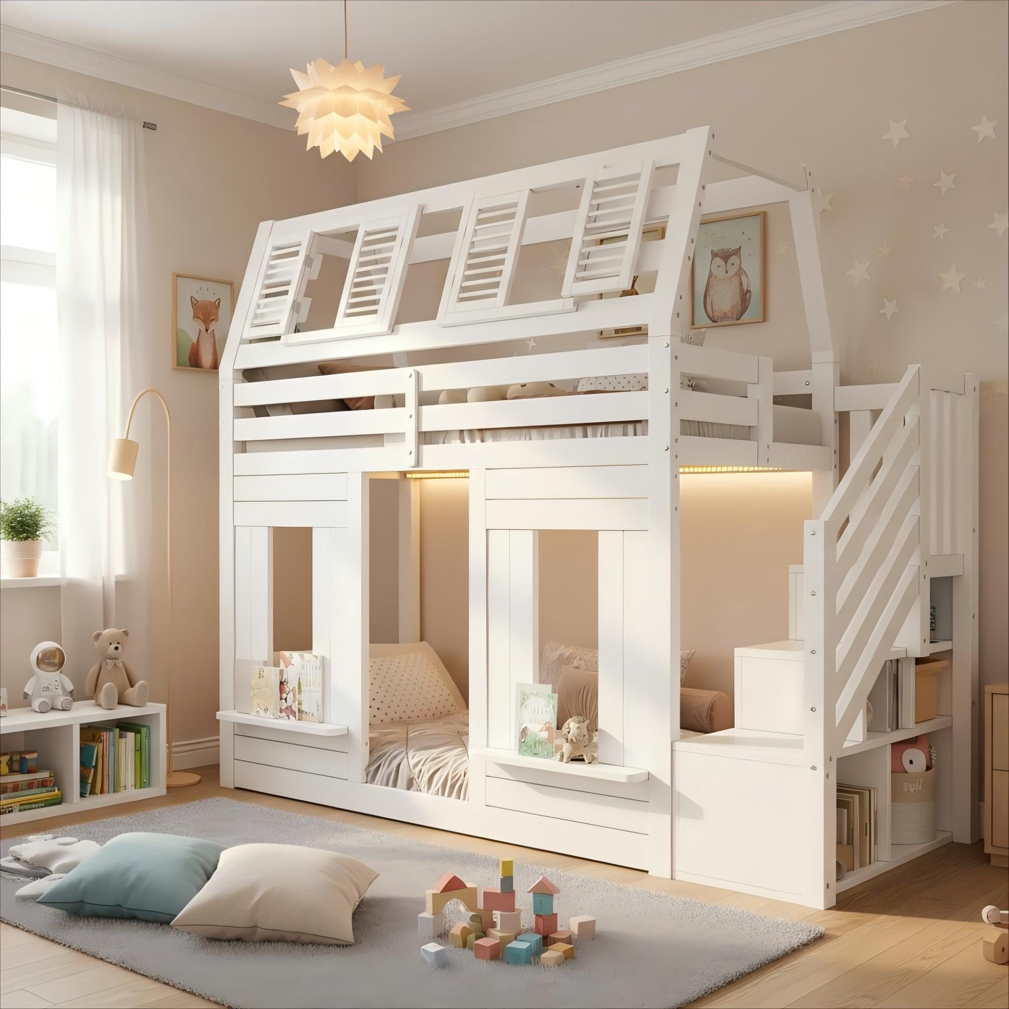 MODFU Hochbett Kinderbett 90x200 mit LED,Etagenbett mit Rausfallschutz und Treppe,Holzbett Bettgestell,Fenster-Form,ohne Matratze,Weiß