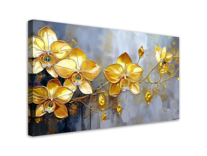 Feeby Leinwandbild Goldene Orchideen-Blumen-Glamour 120x60cm, Goldfarben, Abstrakt, Rechteckig, 120x60 cm, Bilder & Rahmen, Bilder, Leinwandbilder
