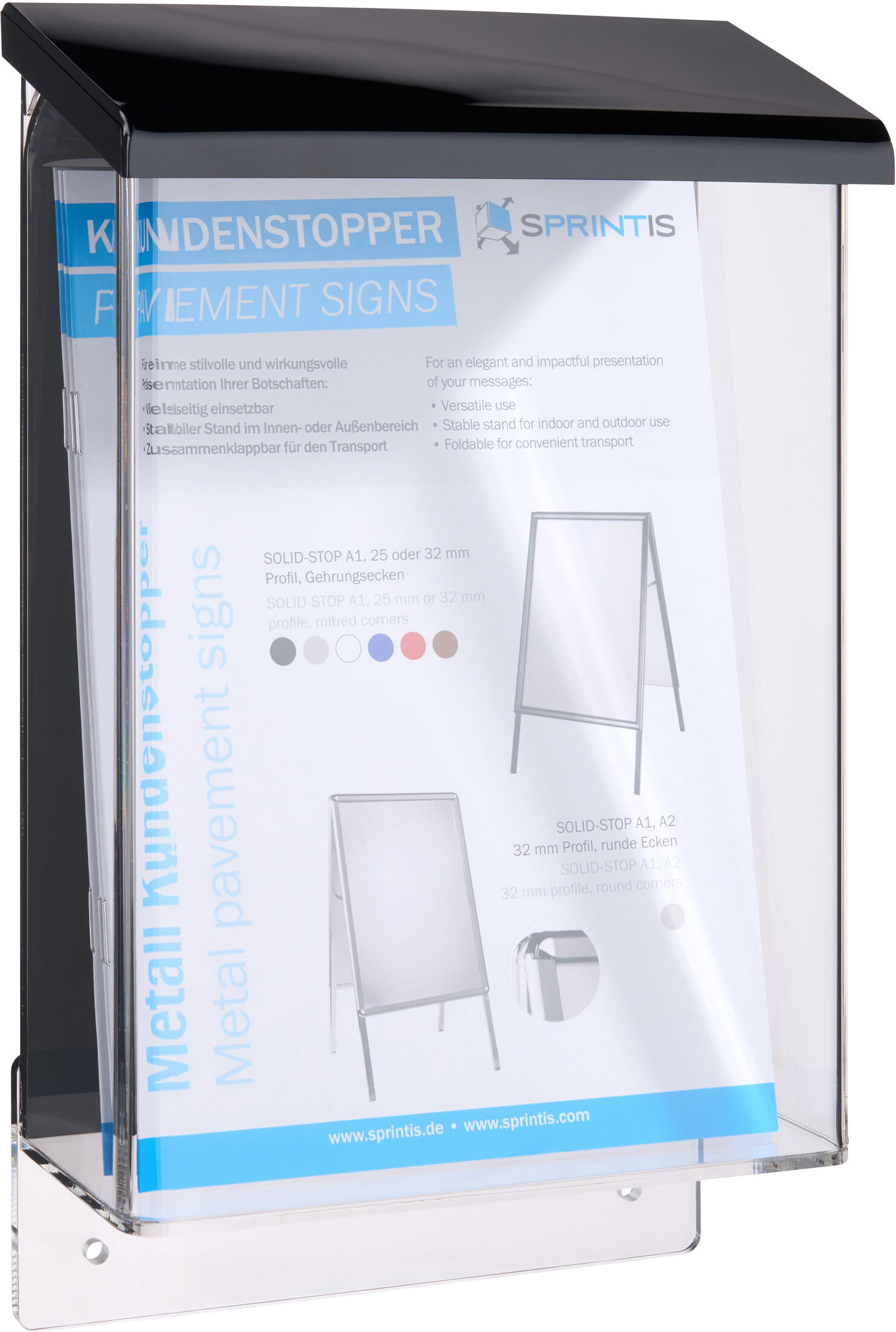 SPRINTIS Porte-brochures résistant aux intempéries avec couvercle, noir, robuste A5, acrylique (PMMA)