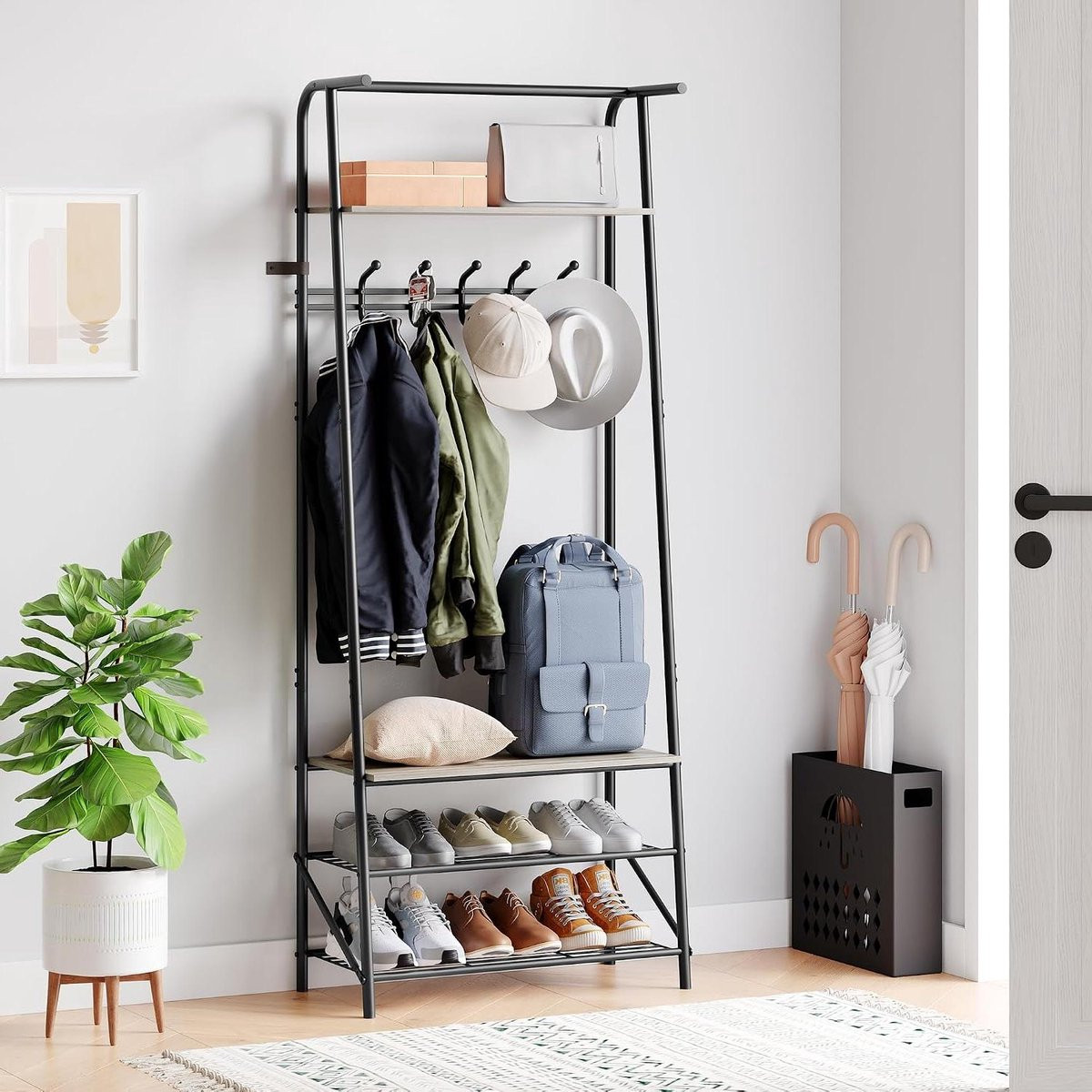 Multifunctioneel 4-in-1 schoenenrek met bank en kapstok organizer in grijs