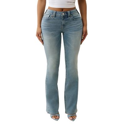 Bootcut-Jeans TRUE RELIGION "BECCA MR BOOTCUT", Damen, Gr. 28, N-Gr, blau (peak spot), Denim/Jeans, Obermaterial: 66% Baumwolle, 29% Polyester, 3% Viskose, 2% Elasthan, leichte Abriebeffekte, bootcut fit lang, Jeans, Baumwolle, bootcut fit