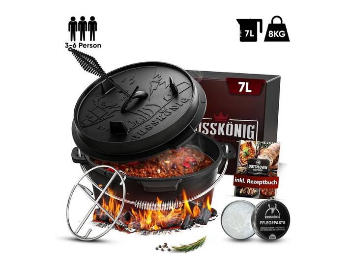 GUSSKÖNIG Schmortopf GUSSKÖNIG Dutch Oven Klassisch Topf ohne Füßen 7Liter Set