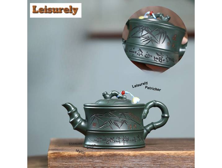 Yixing – théières en argile violette de 350ml, Pot en bambou fait à la main, minerai brut, bouilloire de boue vert noirâtre, service à thé Zisha, artisanat de thé