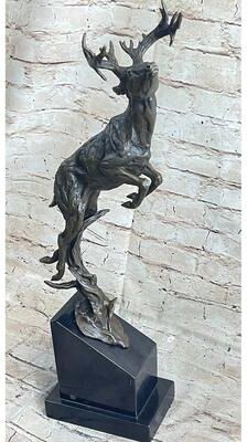 Bronzhaus Elk Deer Caribou Stag Buck Jumping Bronze Statue Sculpture On Marble Base