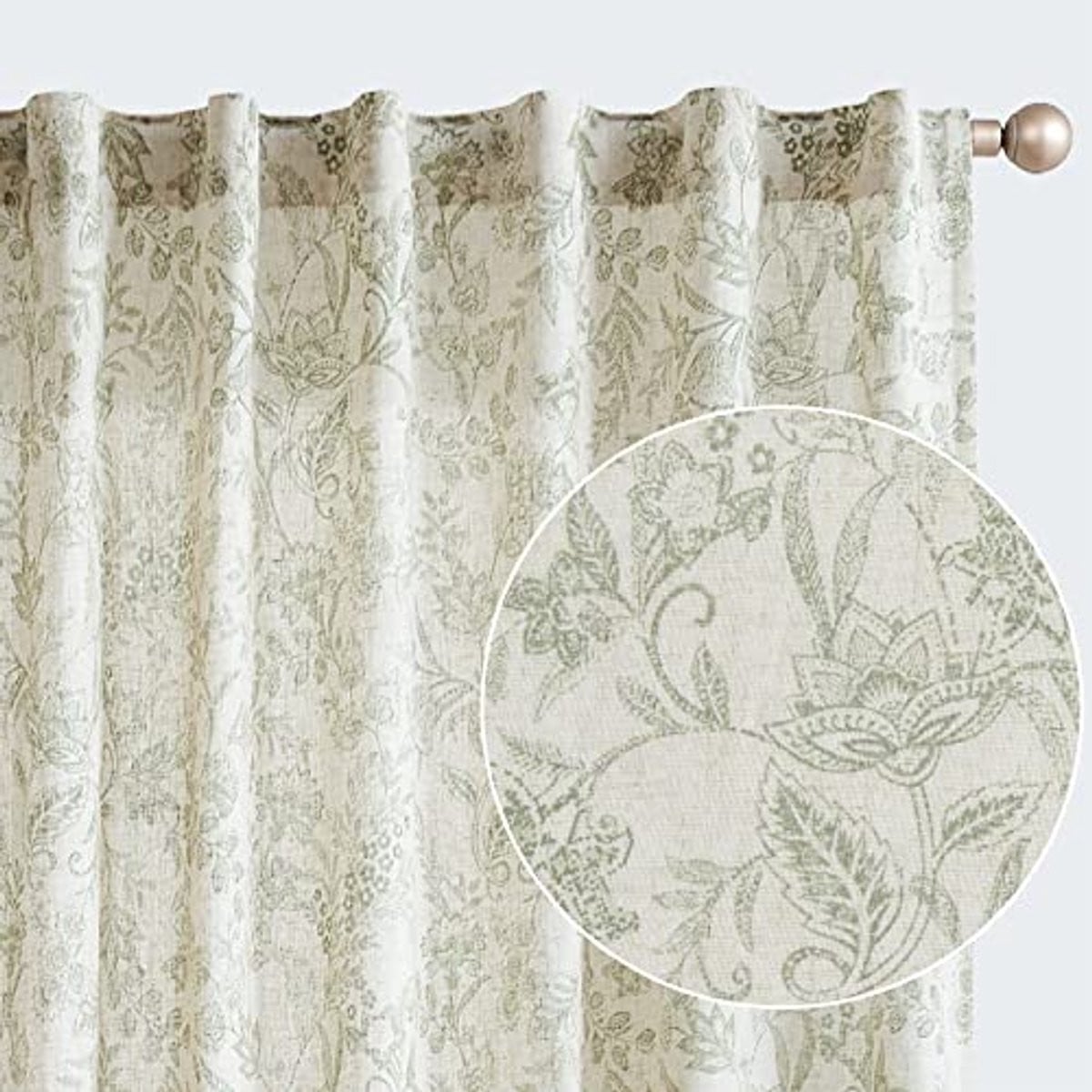 Linnen gordijnen met groene bloemenprint - Semi-transparant - Lengte: 233 cm