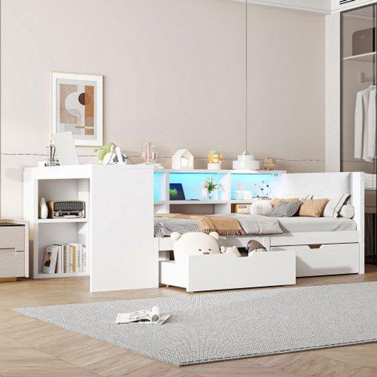 Holz-Plattformbett 90x200 mit Holzplatten, Schubladen, Ladestation und gepolstertem Kopfteil, mit farbenfroher LED-Beleuchtung, weiß