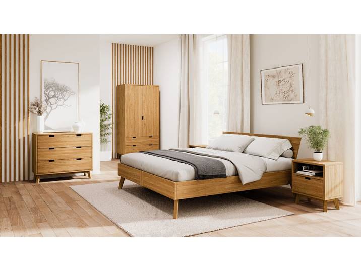 Naturwohnen Schlafzimmer Set aus Massivholz Eiche Rivus 1 Bett 2 Nachttische 1 Kommode 1 Schrank mit bioola® nature veredelt
