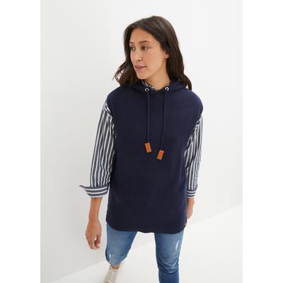 Pullunder BONPRIX, Damen, Gr. 48/50 (XL), blau (dunkelblau meliert), Web, Obermaterial: 70% Baumwolle, 30% Polyamid, meliert, oversize normal, ohne Ausschnitt, Pullover Pullunder, mit Stehkragen und Kapuze, Oversize Passform, melierte Optik