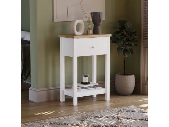 Table console Arlington avec 1 tiroir et étagère – Meuble de couloir d'appoint ou coiffeuse blanc et chêne
