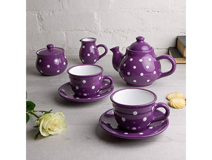 City to Cottage® - Keramik Tee Kaffee Set für 2 Lila und Weiß Polka Dots Handgemacht Keramik Teekanne Kaffeekanne 750 ml, Milchkännchen, Zuckerdose, 2 Tassen mit Untertassen