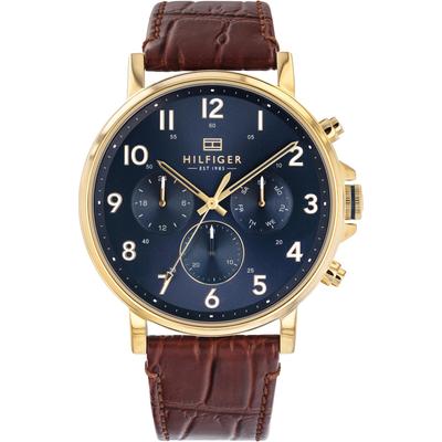 Multifunktionsuhr TOMMY HILFIGER "DANIEL", braun (braun, dunkelblau), Armbanduhren, Herren, goldfarben, Quarzuhr, Armbanduhr, Herrenuhr, Datum, Lederarmband