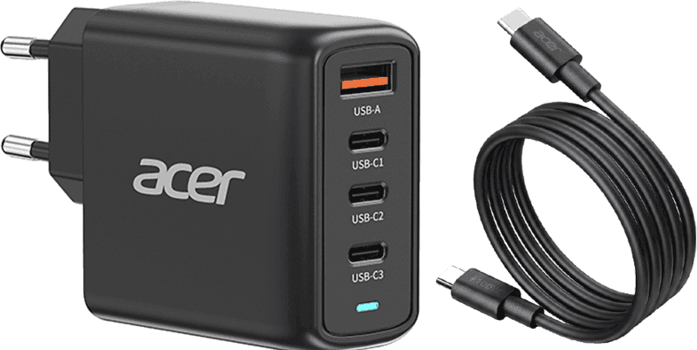 Cargador para portátil - Acer Gan Charger 100W, 3x USB-C, 1x USB-A: 20W+67W+18W, Carga rápida, Negro
