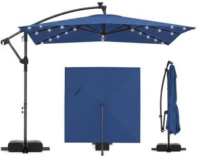 Costway 8 x 8 Square FT Solar LED Offset Cantilever Patio Umbrella with 360° Rotation-Navy