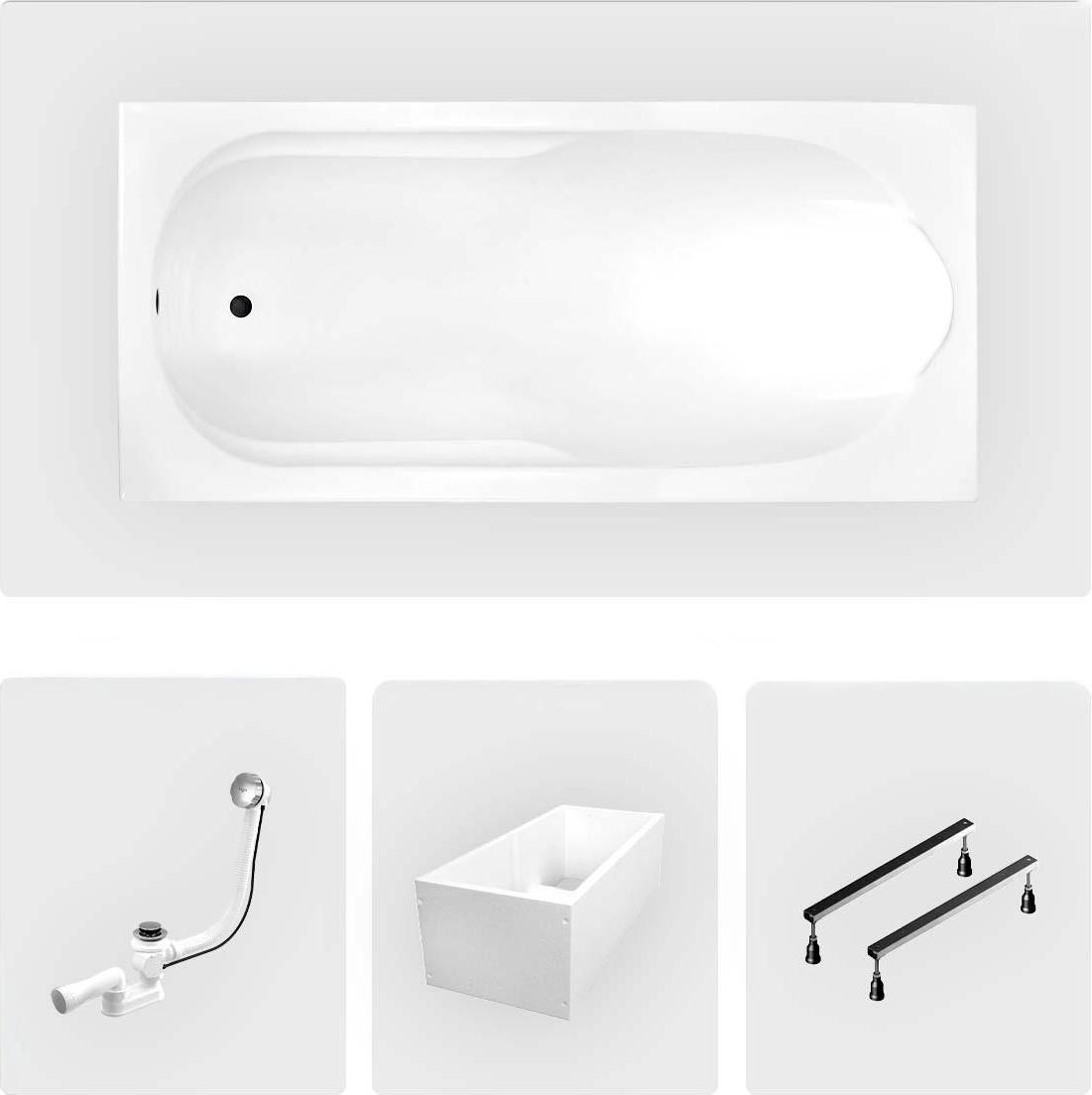 Rechteckige Badewanne - 140 x 70 cm - mit Polystyrol-Verkleidung - Füße - Chromablauf - BONA