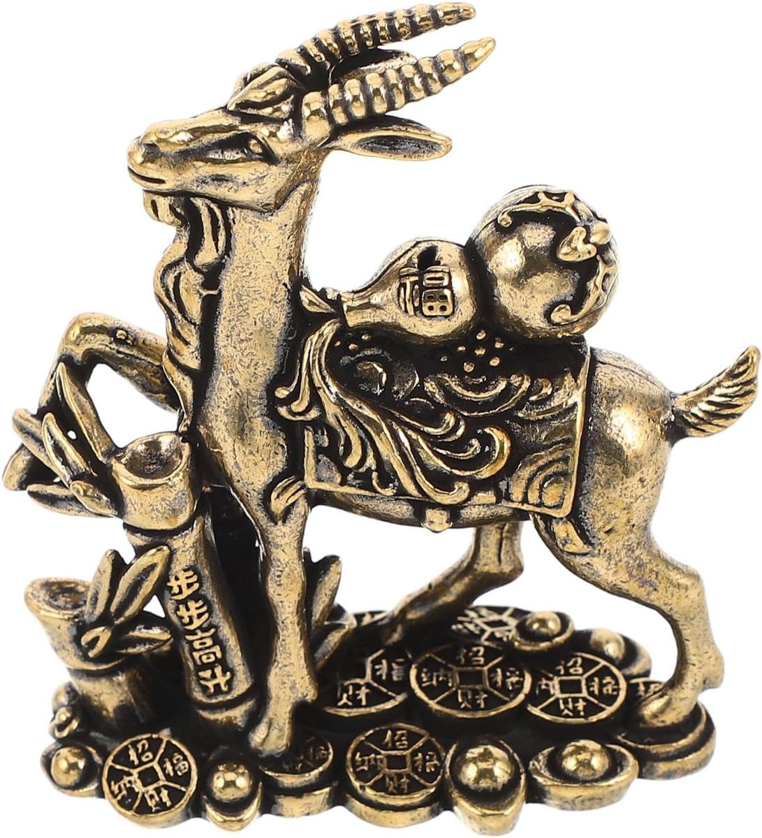 Handgemaakt Messing Geitenbeeldje - Goud Dierenriemornament voor op Tafel - Hoogte: 5.5 cm