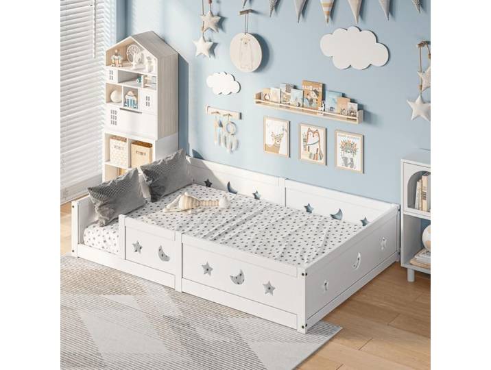 Lit double Lit au sol 140x200 cm COMANLAI Lit Montessori avec sommier à lattes en bois massif Brrière de sécurité Blanc