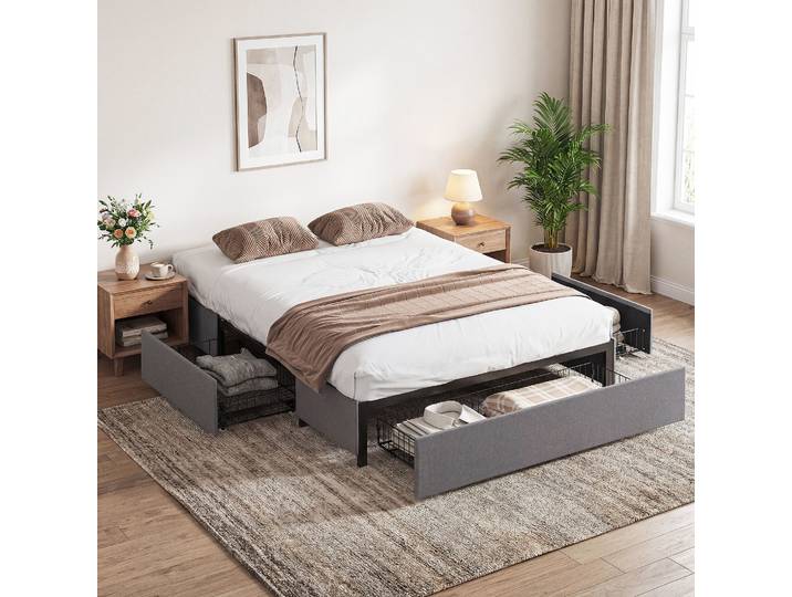 HOMCOM Lit Double 140x190cm Métal Gris avec 3 Tiroirs