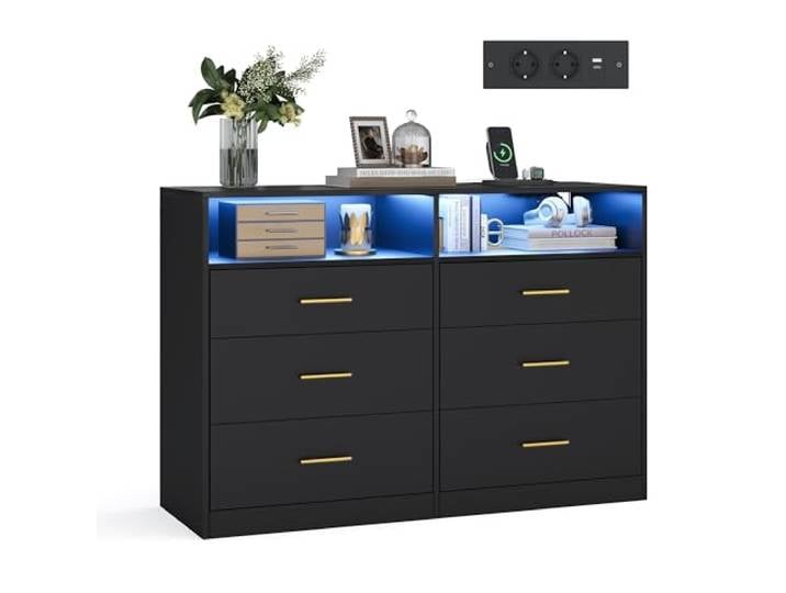VASAGLE Kommode mit LED-Beleuchtung und Steckdosenleiste, 6 Schubladen Modern Sideboard, Kommodenschrank, 40 x 119 x 81,2 cm, Wohnzimmer, Schlafzimmer, tintenschwarz, CUSTOS Kollektion LTS316BC01