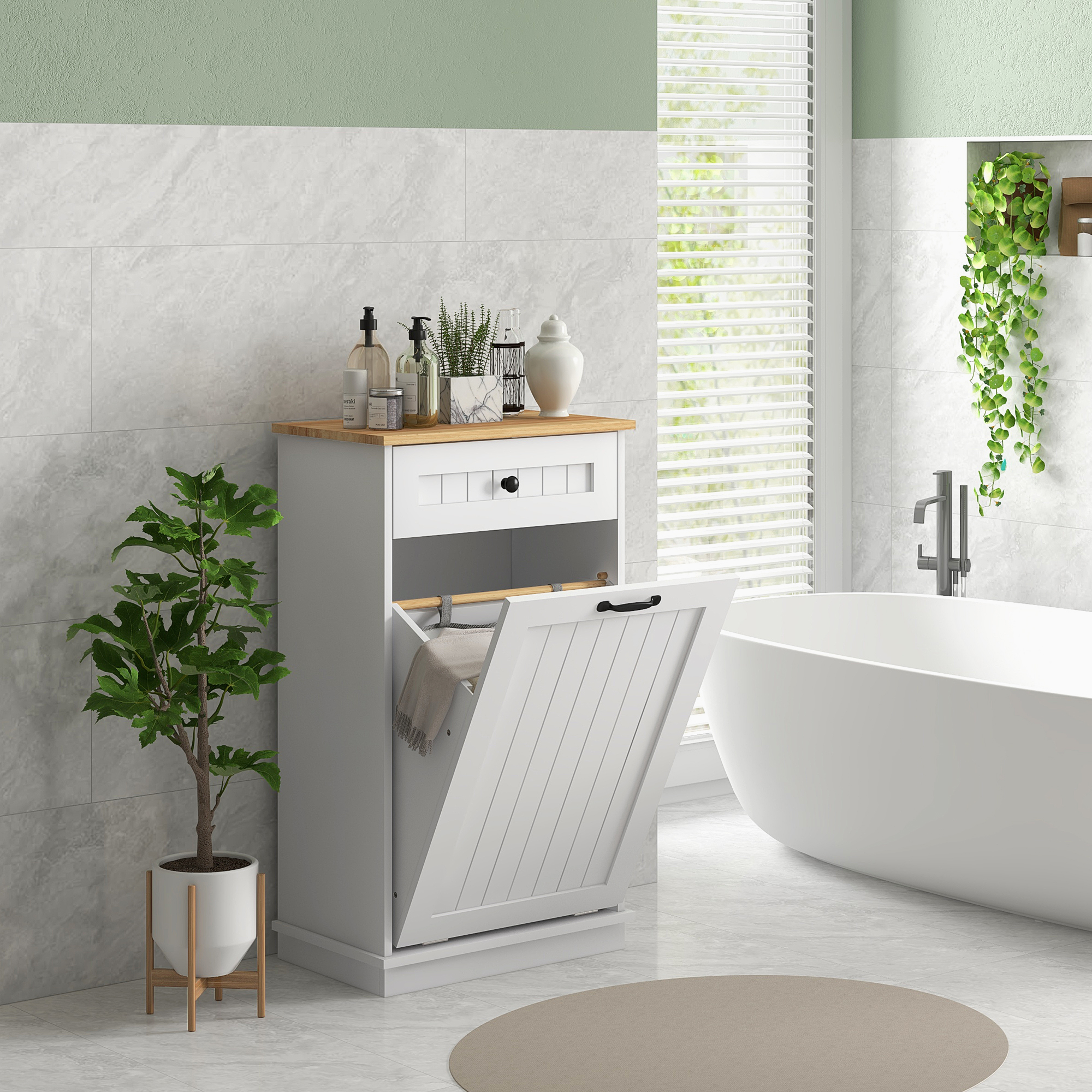 Homcom Mobile Bagno in Legno con Cesto Portabiancheria Ribaltabile e Cassetto Spazioso per Organizzazione Ottimale in Bianco Aosom