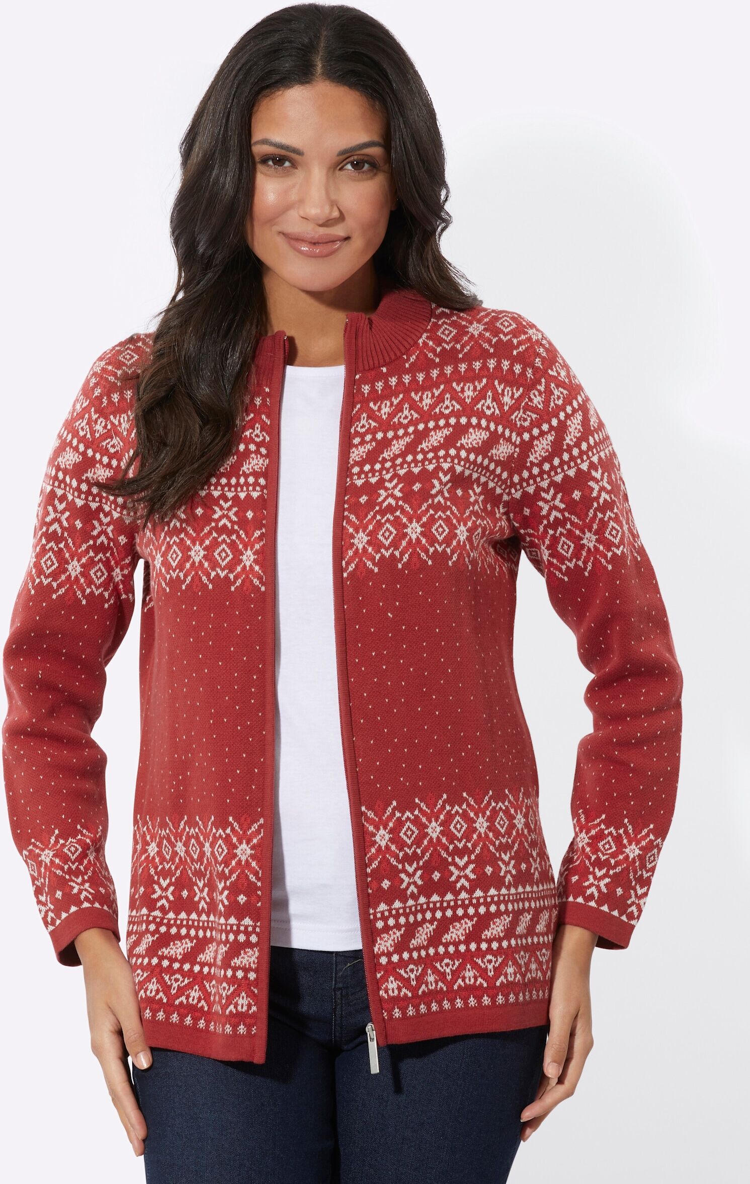 Sieh An! Strickjacke SIEH AN "Jacquard-Strickjacke Jacquardstrickjacke im Norweger-Stil", Damen, Gr. 50, rot (kirsche, ecru, gemustert), Modisch, Strickjacken Strickjacke