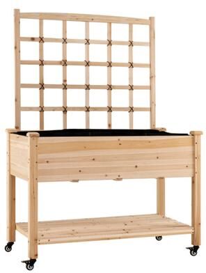 Costway Wooden Mobile Raised Garden Bed on Wheels with Trellis-Natural