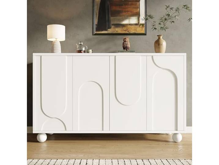 Merax Esszimmer Wohnzimmer Sideboard 120×35×71 cm, Aufbewahrungsschrank mit Anti-Dumping-Design, modernes weißes Sideboard mit verstellbarem Regal und einzigartigem Muster