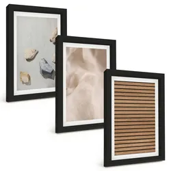 BILDER SET 3er Set - 20x30 cm Schwarzer Rahmen - Steine, Holz, Stofftexturen