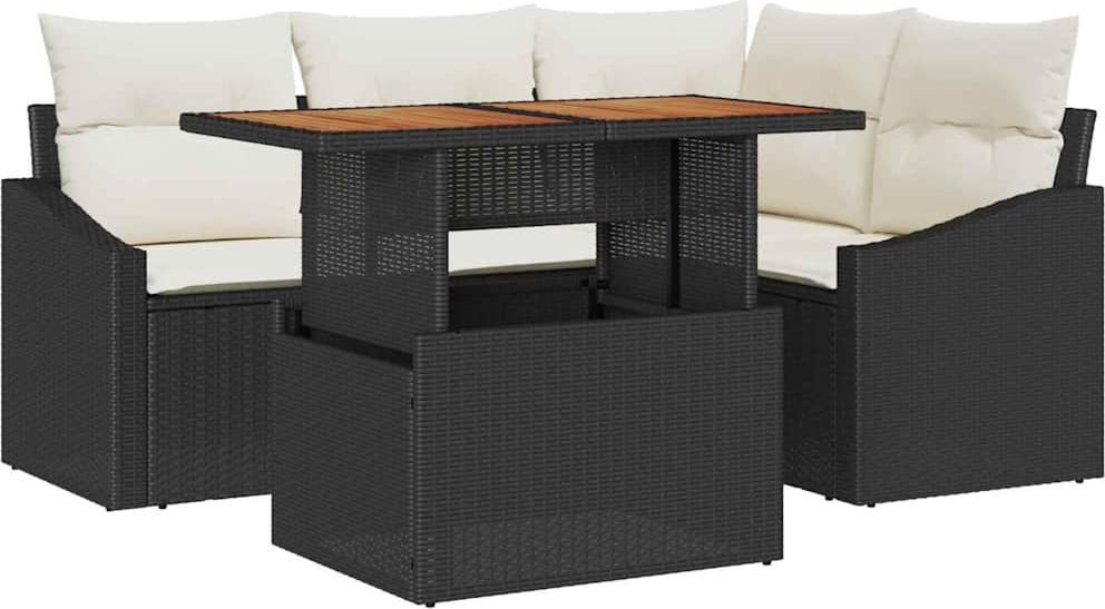 Garten-Lounge-Set, 5-teiliges Outdoor-Sofa-Set mit Stauraum, Schwarz Poly Rattan, pulverbeschichteter Stahlrahmen, modular, 4 Sitzplätze, matt