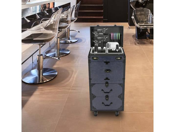 Trolley de maquillage, grand trolley de rangement pour cosmétiques, trolley de maquillage verrouillable, valise de maquillage à roulettes avec freins, pour salons de coiffure, maisons