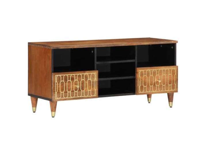 HEFZGDB TV-Schrank 100x33x46 cm aus Massivholz Mango mit Retro-Stil und handgeschnitzten Blumenmustern, stabilen Eisenbeinen und viel Stauraum für Zeitschriften und Dekoartikel,