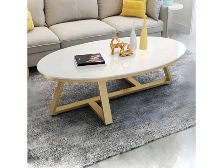 HanDpi Ovaler Couchtisch aus nordischem Kunstmarmor – weiße Platte, Goldener Fuß – 47 L x 24 B x 18 H
