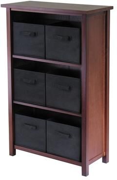Winsome Wood Verona 3-Section M Storage Shelf with 6 Foldable Black Color Fabric Baskets