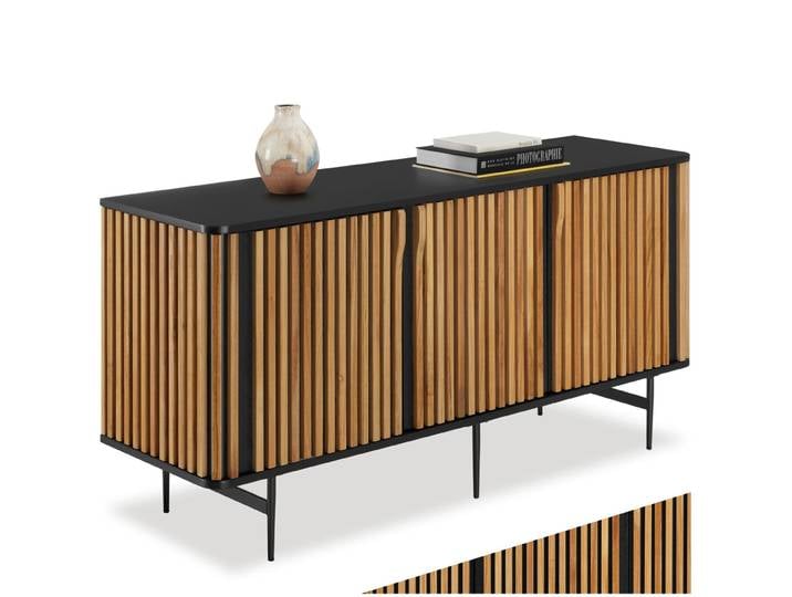 Sideboard Lineo, Lamellenoptik, 3 Schrankfächer - schwarz/braun