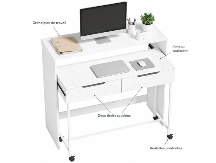 Bureau informatique extensible 100 cm - 2 tiroirs plateau coulissant roulettes verrouillables blanc