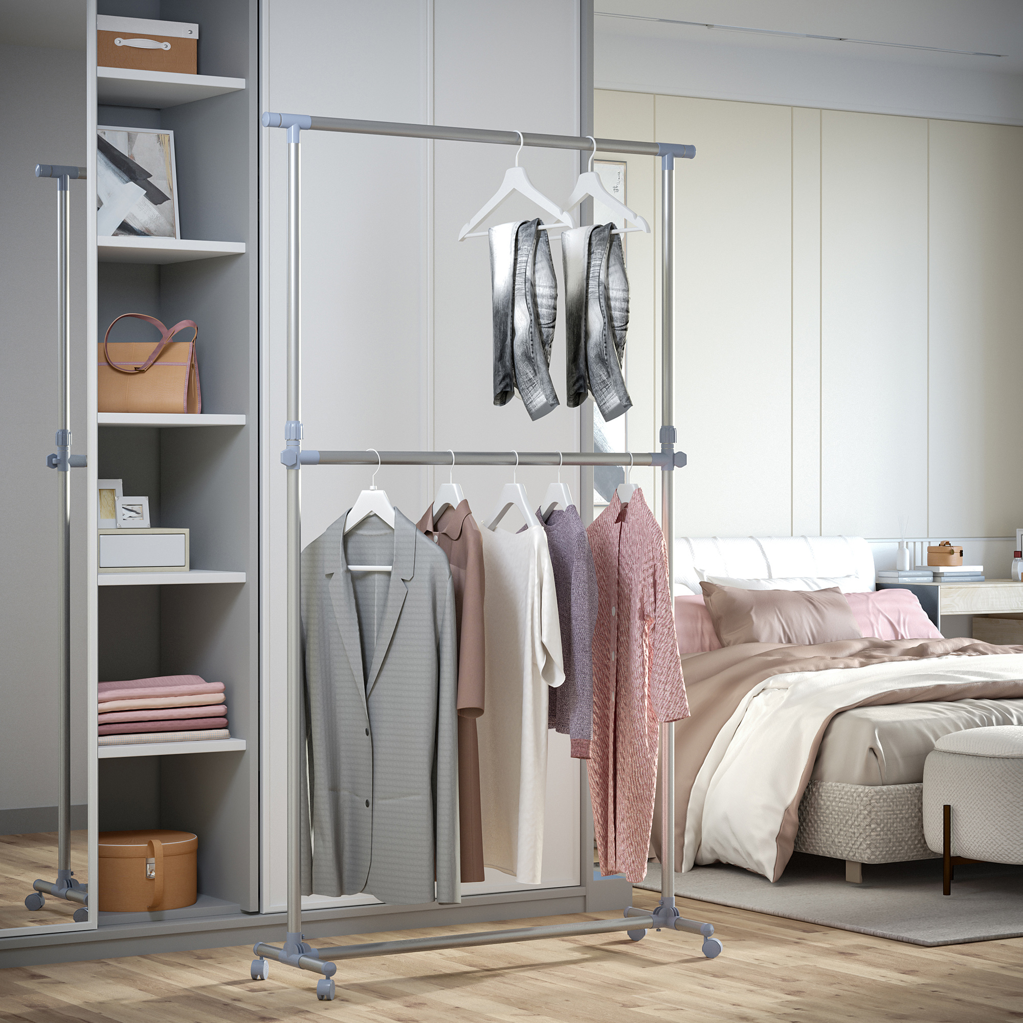 Homcom Stender Appendiabiti con Altezza ed Estensione Regolabili, 4 Ruote Girevoli, Acciaio Inox e ABS, 165x48x180cm Aosom
