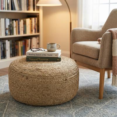 Wyndenhall Mattise 30 inch Wide Boho Round Braided Pouf in Natural Jute