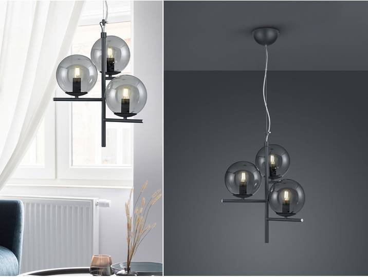 Trio Leuchten - Art Deco Art Deco Hängelampe I Pendellampe I Pendelleuchte schwarz mit Rauchglas 3-flammig flammig - Flore I Wohnzimmer I Schlafzimmer I Küche - Metall Kugel I Kugelförmig I Länglich - LED geeignet E14