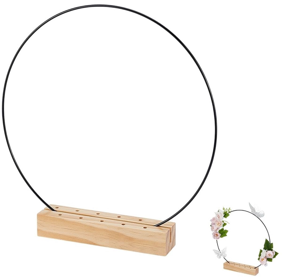 Dailygoods Houten Kaarthouder voor Droogbloemen met Zwarte IJzeren Verbindingsring - B/D/H: 18 x 4 x 3 cm