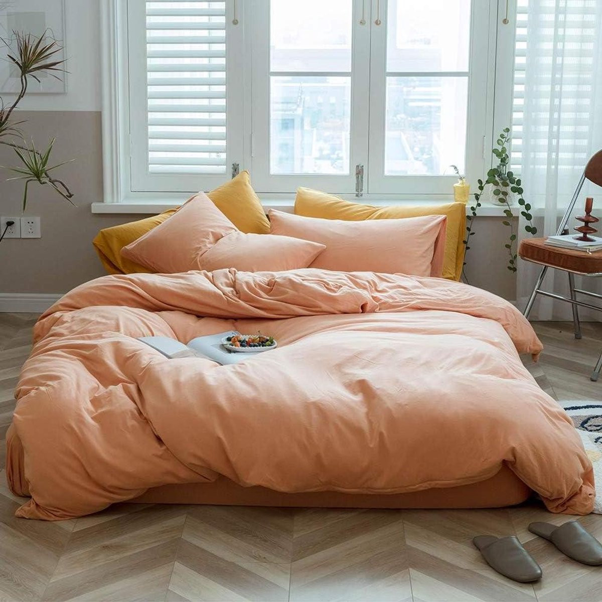 Dekbedovertrekset van katoen in grapefruit roze, Queen Size, Jersey gebreid beddengoed set