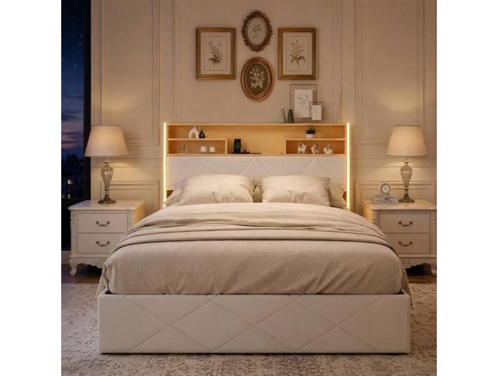 Lit Coffre 160x200 en Bois Tête de Lit avec USB et LED Lit Capitonné avec Rangement Lit Coffre Fonctionnel et Élégant PU Blanc