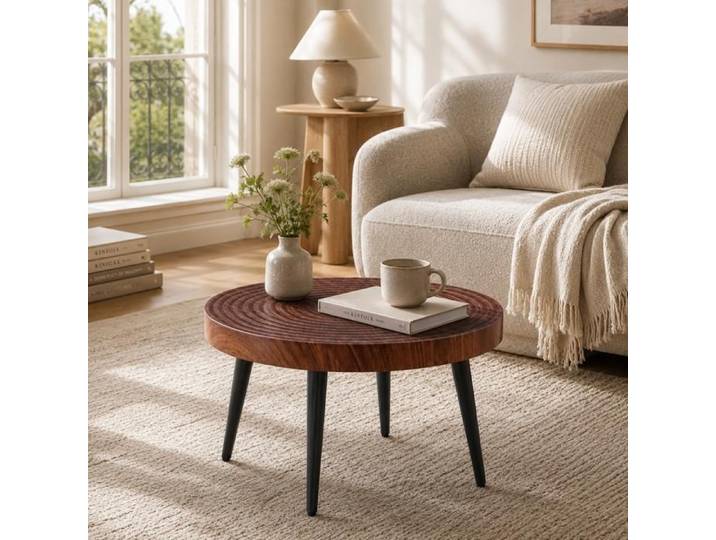 Zitty Table Basse Ronde Bois Foncé 60cm Petite Table de Salon Industrielle Plateau Épais 5cm Pieds Métal Noir Effet Noyer