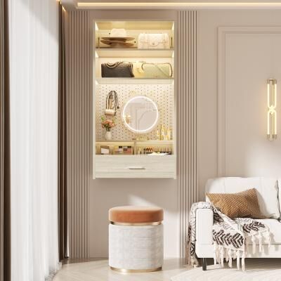 Rackcog 25'' W Hanging Closet System with Vanity Desk, Closet Organizer with Wood Drawer and Storage Shelves and Magnetic Pegboard