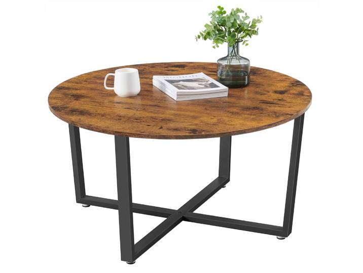 Table de salon basse ronde style industriel cadre marron et noir