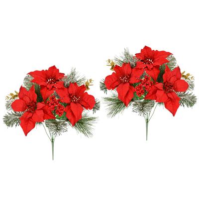 Kunstblumenstrauß I.GE.A. "Bouquet Poinsettia/Beeren/Tannenzweige", rot, B:33cm H:45cm L:33cm, Polyester, Kunstpflanzen, 2er Set Weihnachtsblumen Weihnachtsdeko Adventsdeko Christstern Deko