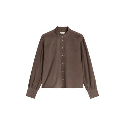 Langarmbluse MARC O'POLO "in samtiger Cord-Qualität", Damen, Gr. 38, braun (stone taupe), Obermaterial: 79% Baumwolle, 21% Lyocell, unifarben, regular fit bauchfrei, Manschette, Blusen