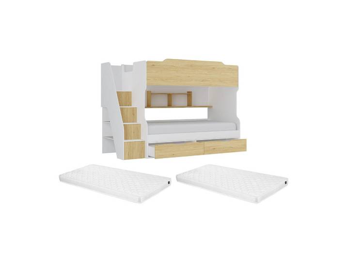 Vente-Unique Etagenbett - 2 Personen - holz - naturfarben hell, weiß Yalova, Weiß, Holz, 90x190 cm, Babymöbel & Kindermöbel, Kinderzimmer & Jugendzimmer, Stockbetten