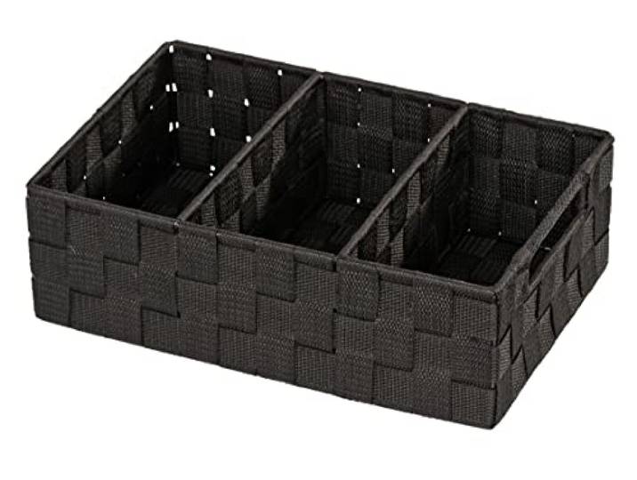 WENKO Organizer Mod. Adria, Aufbewahrungskorb mit 3 Fächern und praktischem Griff, feste Trennwände, hochwertiges Kunststoffgeflecht mit Metallstangen für extra Stabilität, 32 x 10 x 21 cm, Schwarz